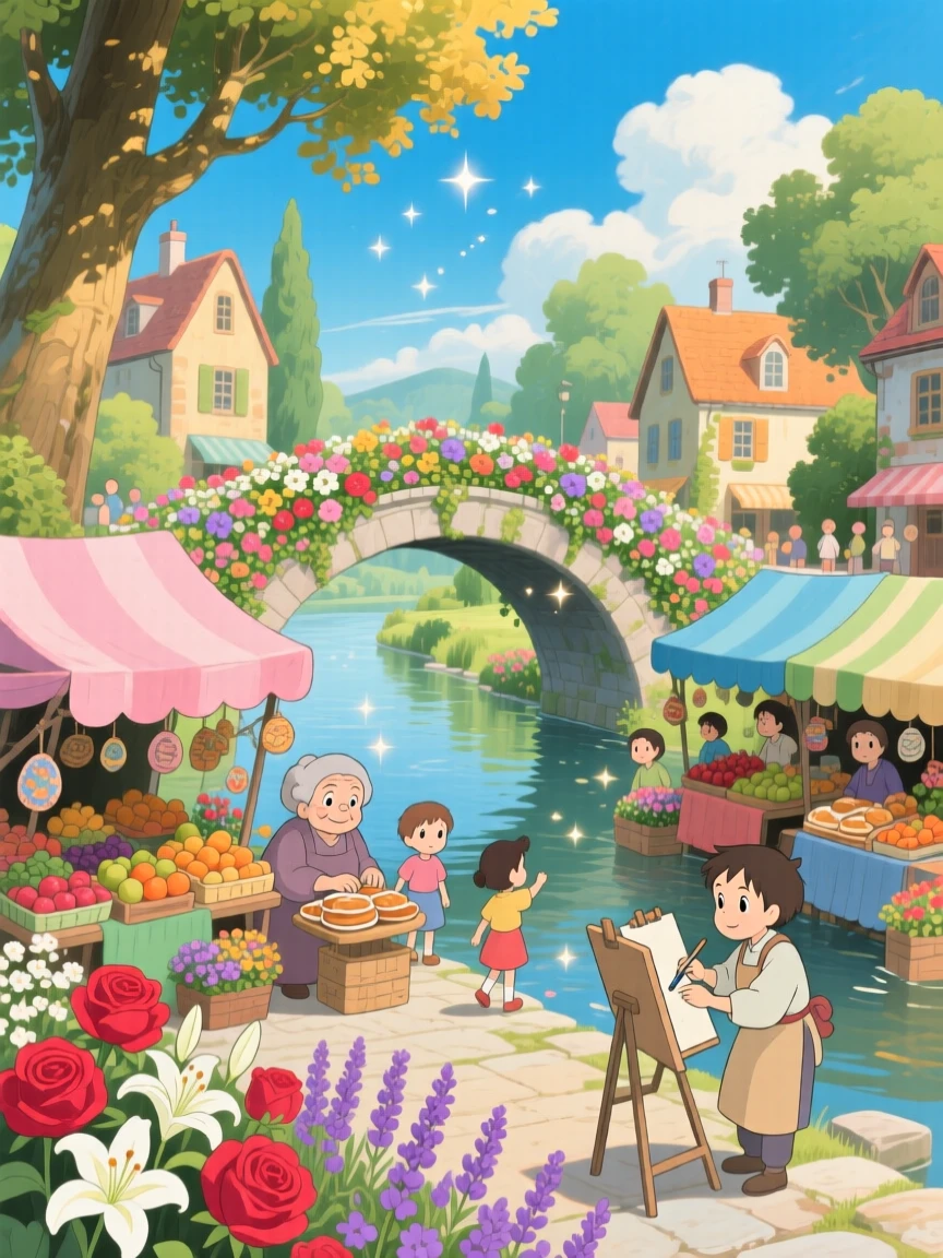 A scenic view of a riverside town famous for its flower-covered bridges, as market stalls line the main square.
