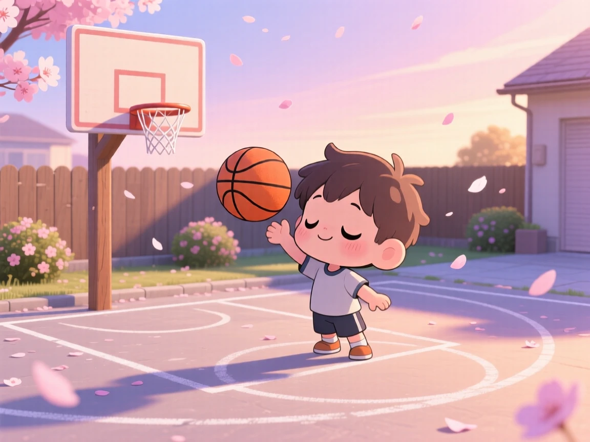 In a sunny driveway court, a small boy is shooting a basketball toward a hoop as cherry blossom petals drift on the breeze, bathed in soft pastel light of dawn, expression full of sleepy relaxation. Shot as a three-quarter view.