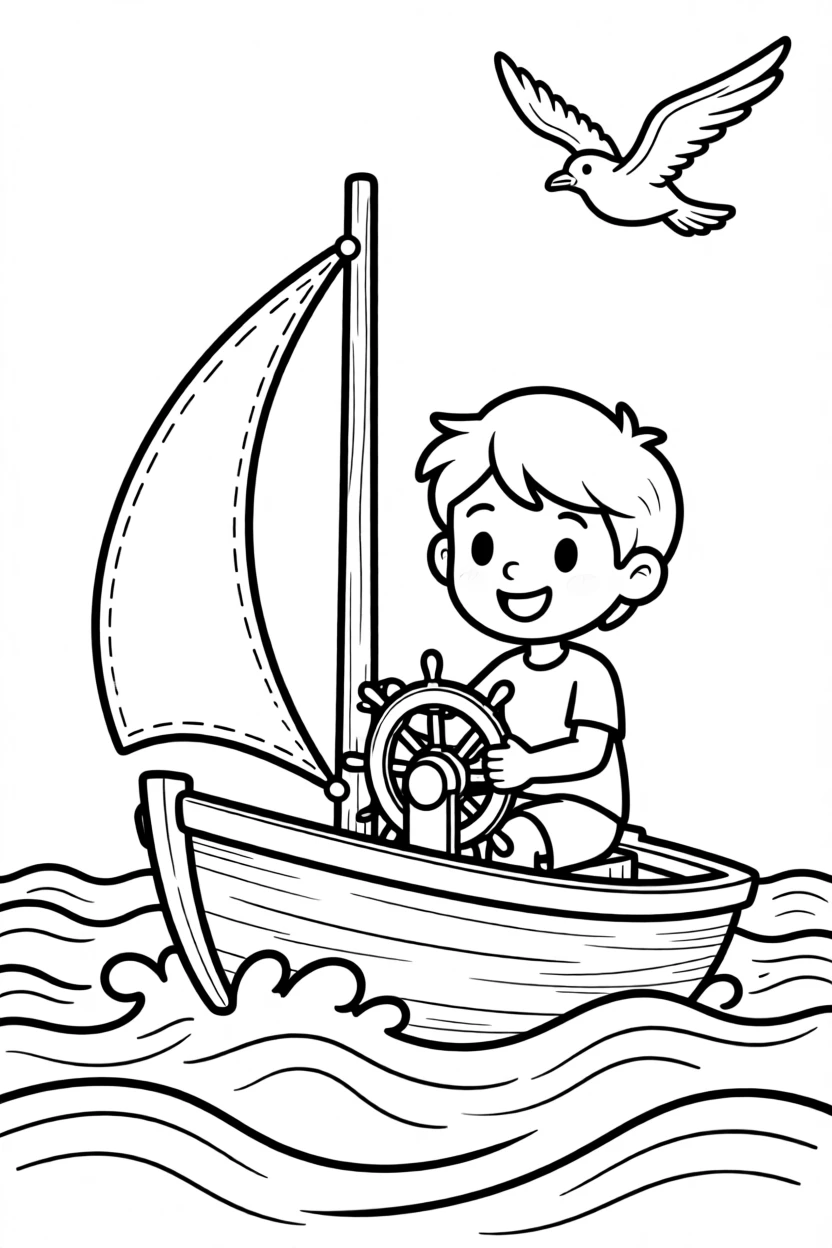 A young adventurer sailing a small boat through choppy waves