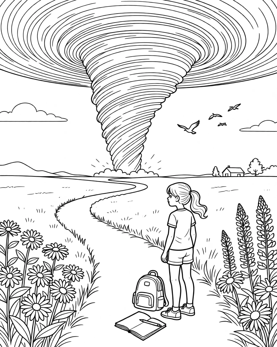 A tornado forming on the horizon of an open prairie, with wildflowers scattered along the trail.