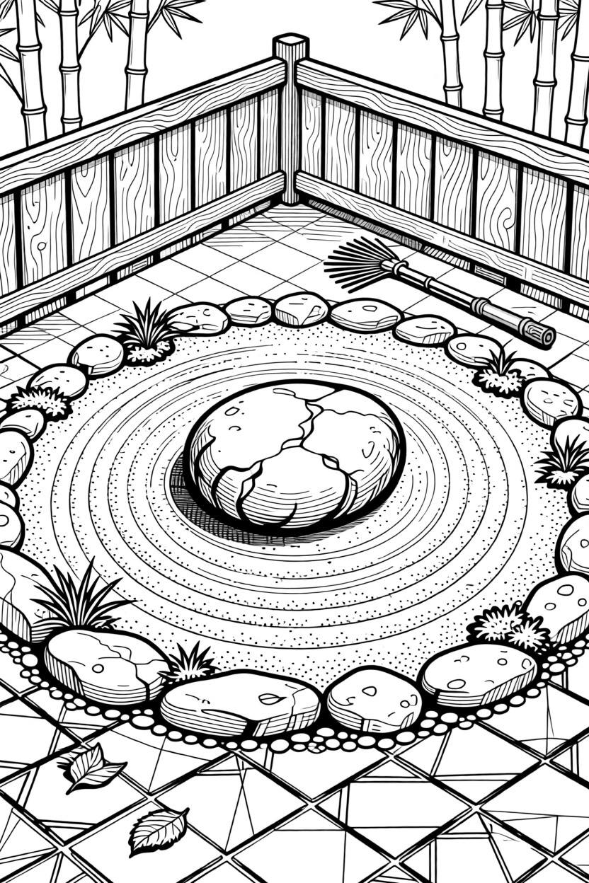 A zen rock garden with raked sand patterns circling a single stone.