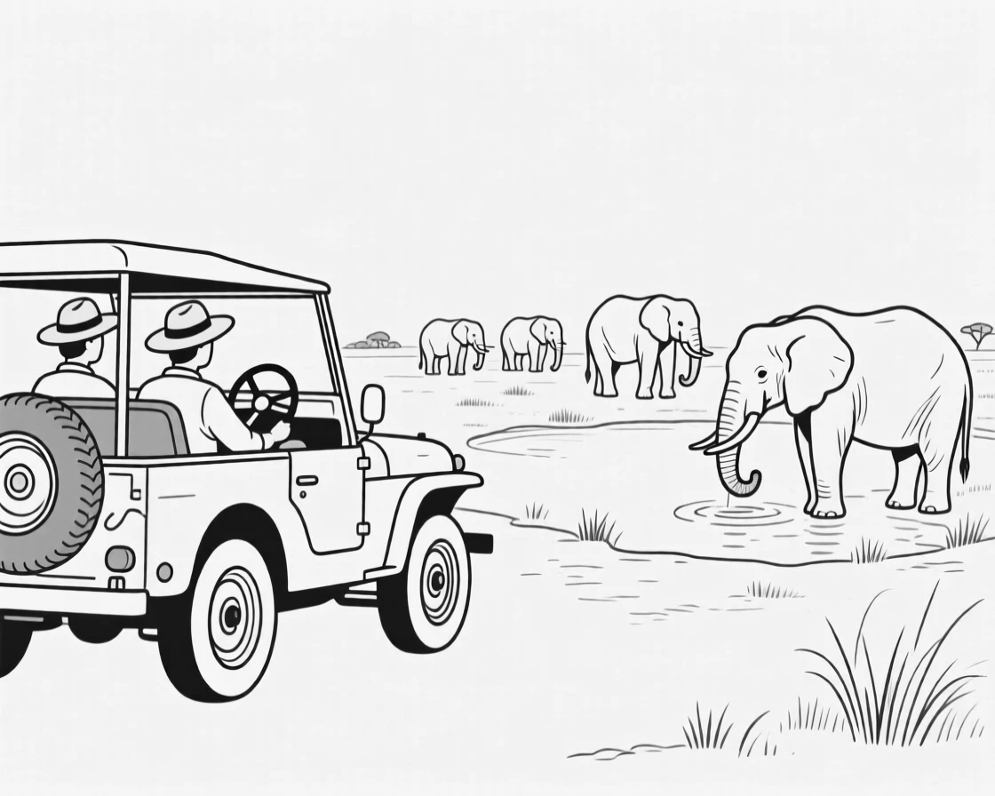 A safari jeep watching a herd of elephants at a watering hole