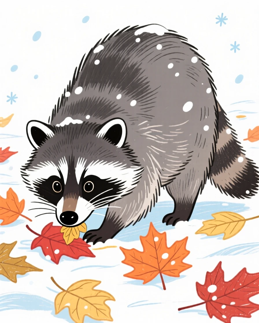 A curious raccoon grazing among autumn leaves during a light snowfall.