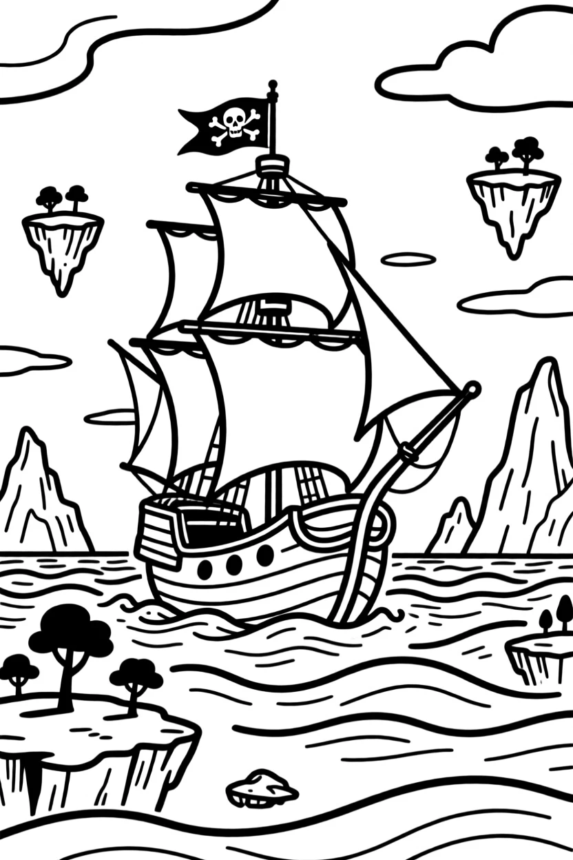 A pirate ship sailing through a sky ocean among floating islands.