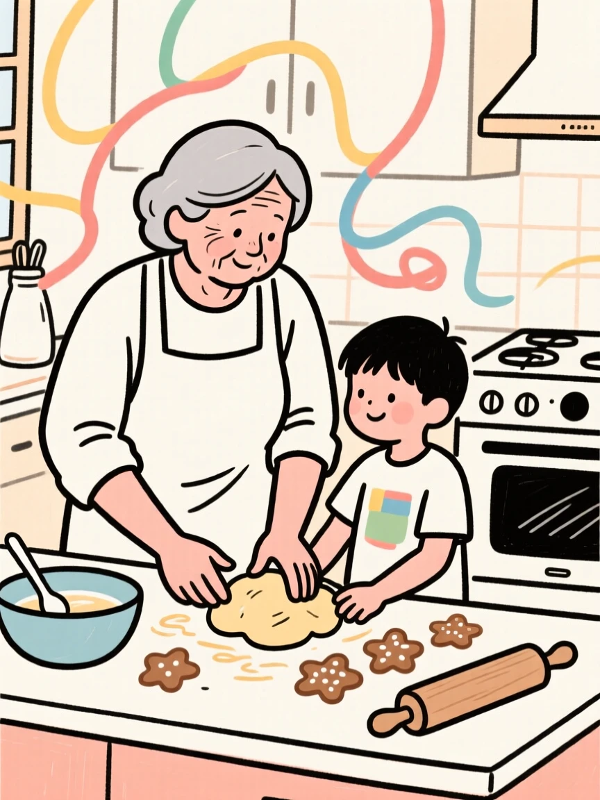 A grandmother and grandchild baking cookies together in a cozy kitchen.