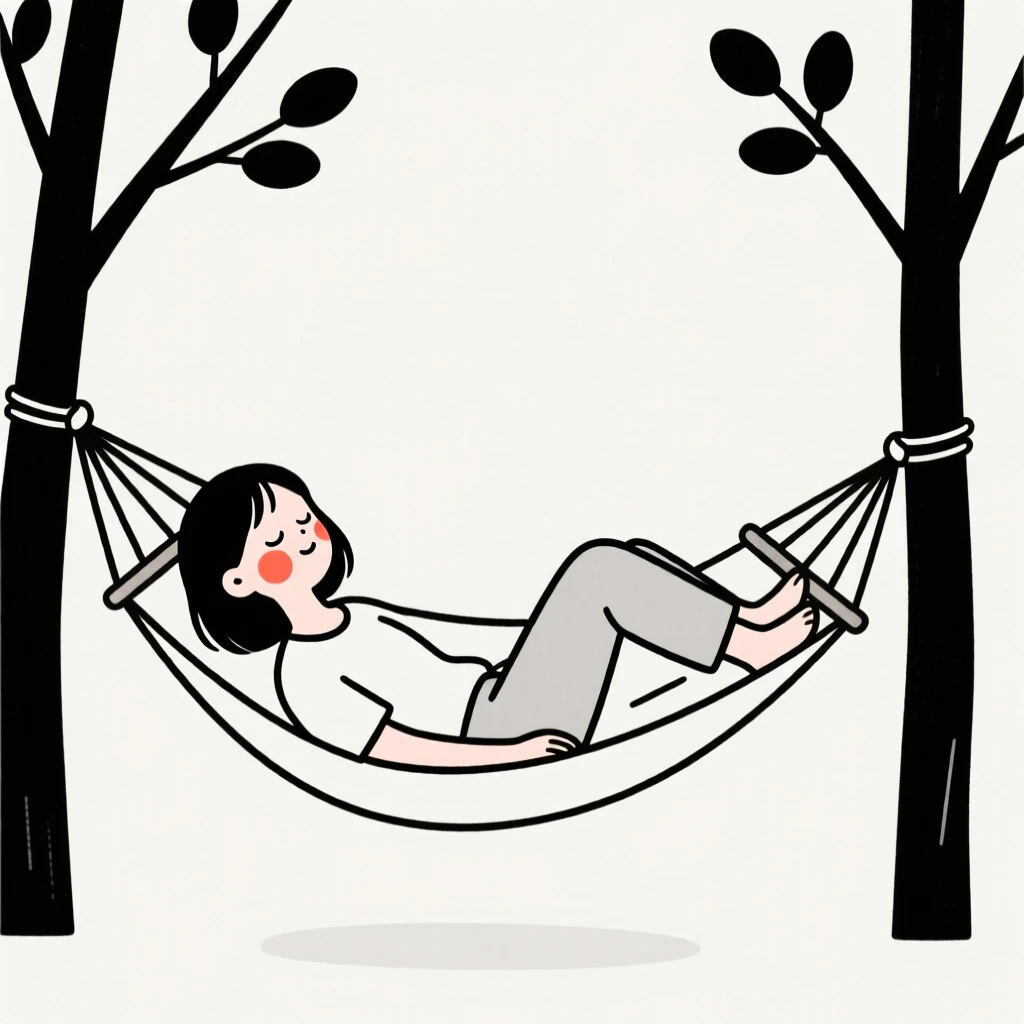 A young woman resting in a hammock under the trees.