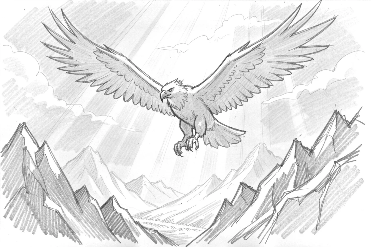 An epic fantasy scene of a griffin soaring over jagged mountain peaks in a valley bathed in otherworldly light, with shafts of light piercing through the clouds.