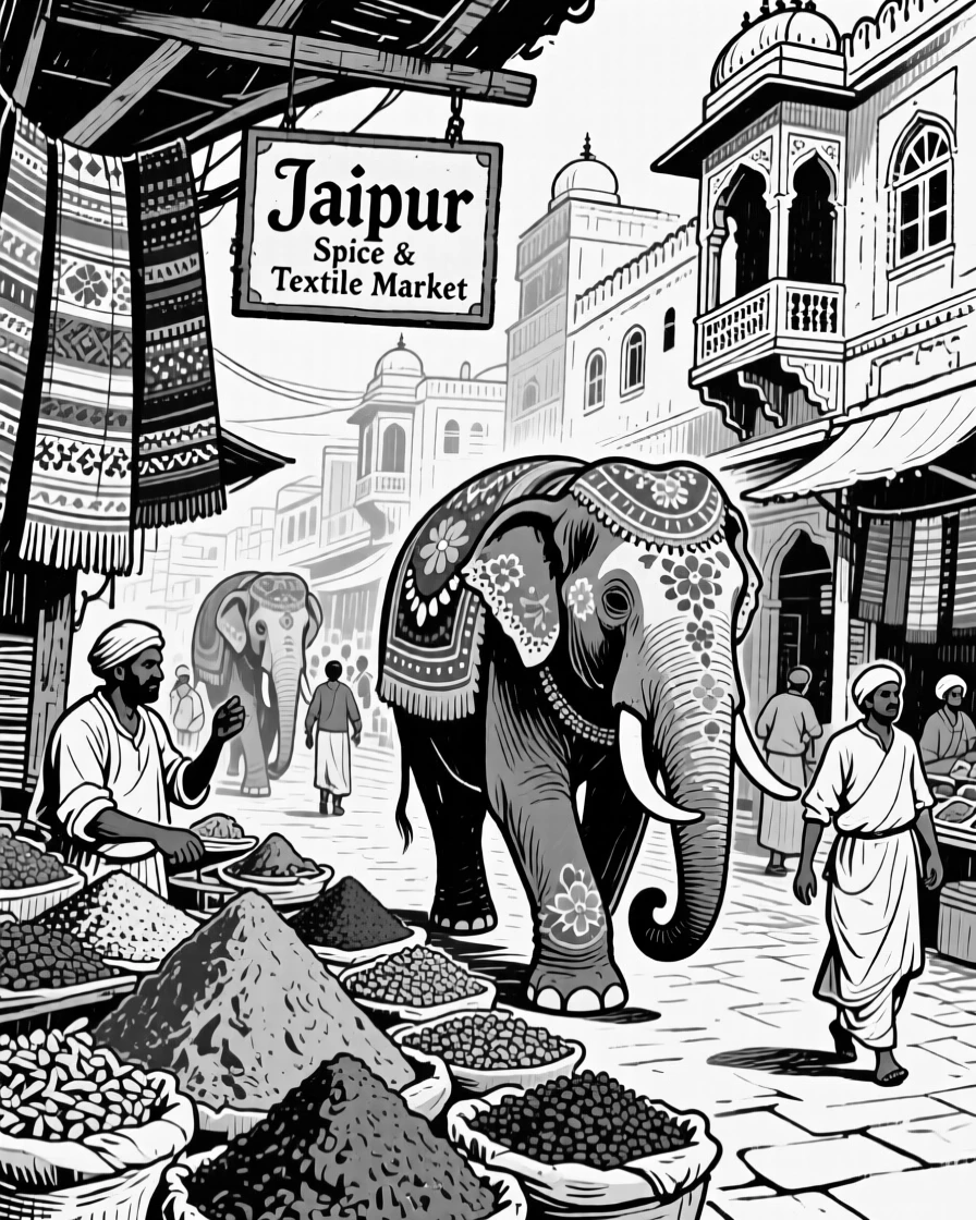 The colorful markets of Jaipur filled with spices, textiles, and painted elephants.