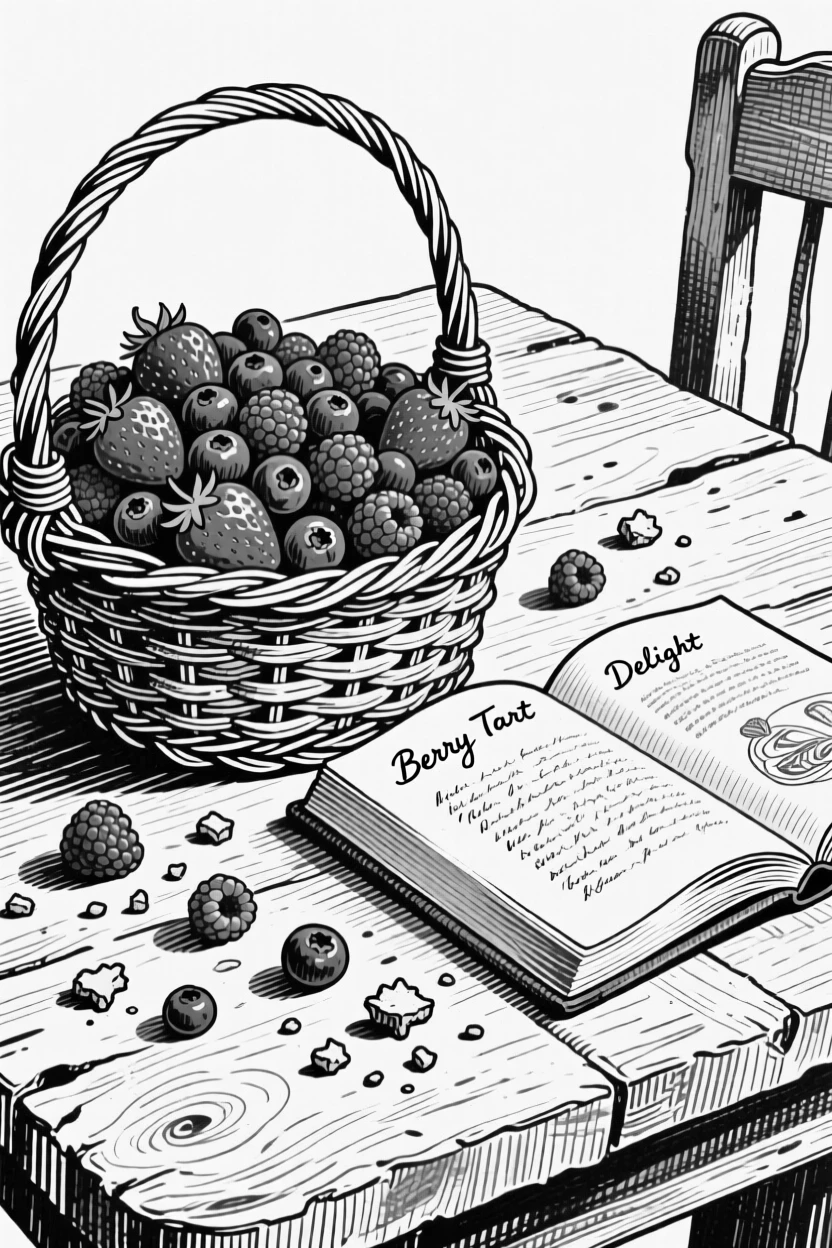 A basket of ripe berries placed beside an open cookbook, with crumbs scattered across the table, presented in a cheerful and abundant culinary still life.