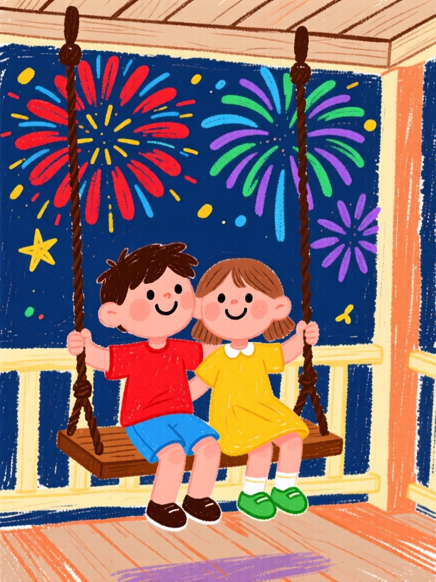 Two best friends watching fireworks together from a porch swing.