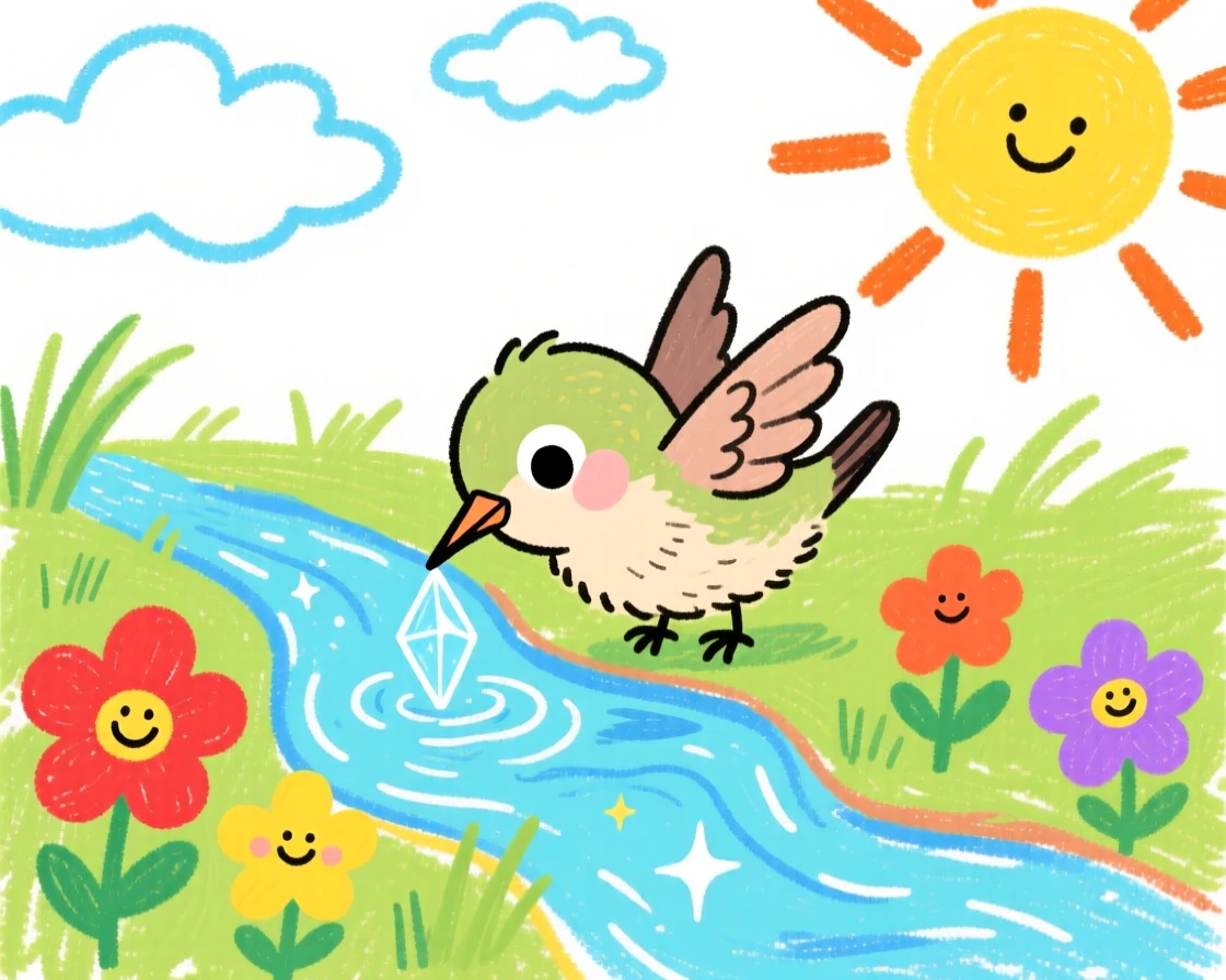 A tiny hummingbird chick drinking from a small crystal-clear stream.