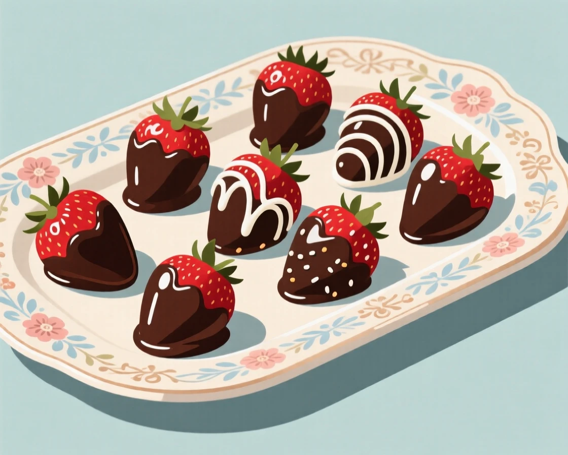 A tray of chocolate-covered strawberries arranged elegantly, placed on a vintage ceramic platter, arranged with complementary colors for visual appeal, with glossy highlights that make the dish look freshly made.