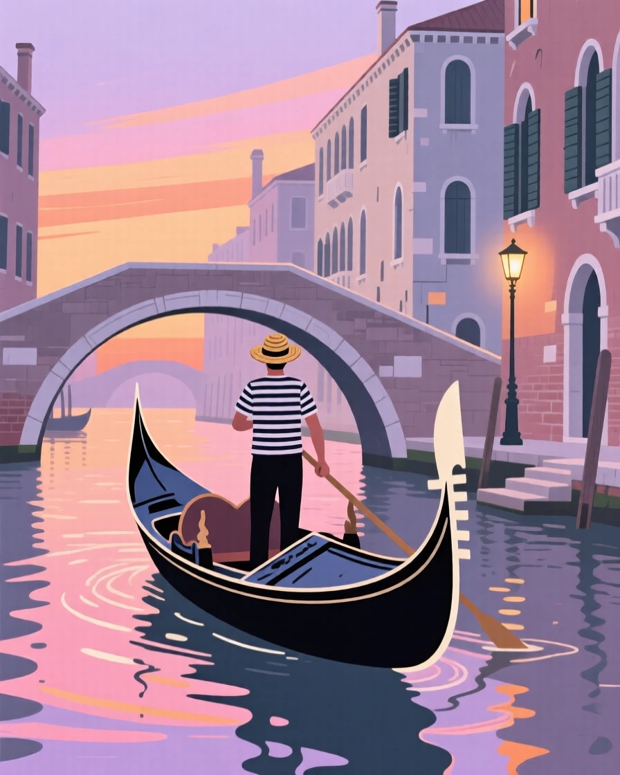 A gondola gliding through the canals of a historic city at dusk.