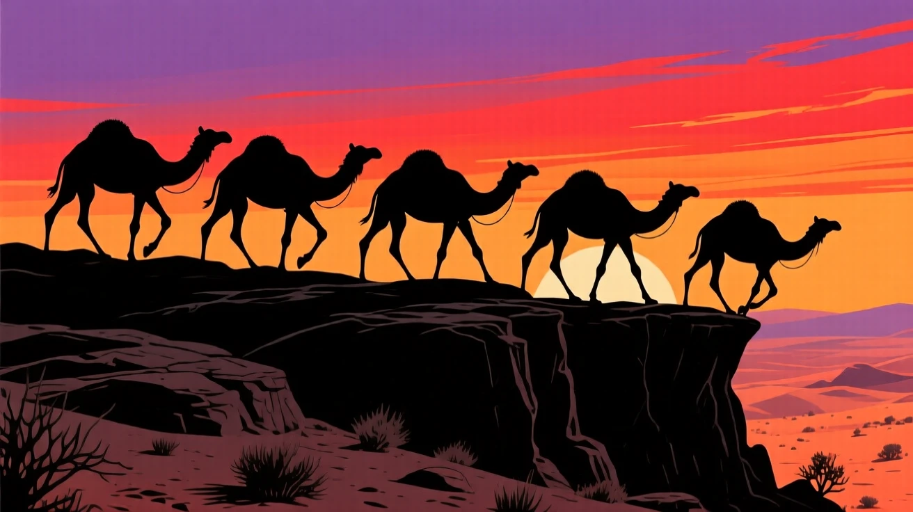 A herd of wild camels crossing a rocky desert plateau.