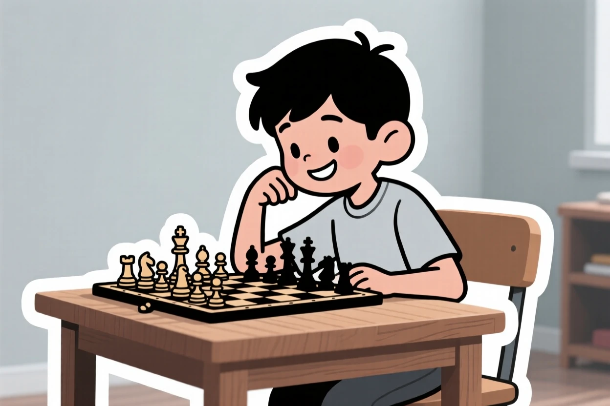 A focused and joyful chess prodigy studying a board of pieces, fully immersed in the creative process, on a quiet weekend afternoon.