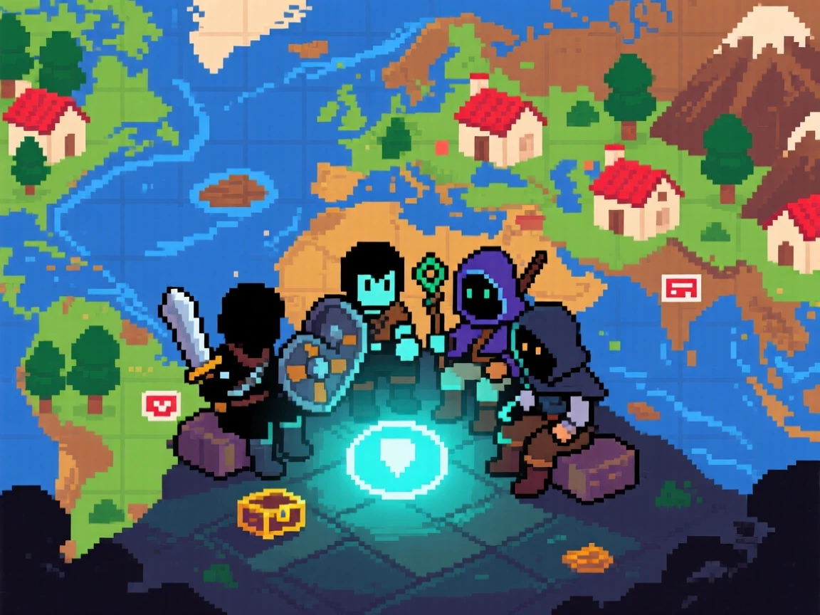 A small band of treasure hunters resting at a save point glowing softly in the dark, on a colorful world map dotted with towns.