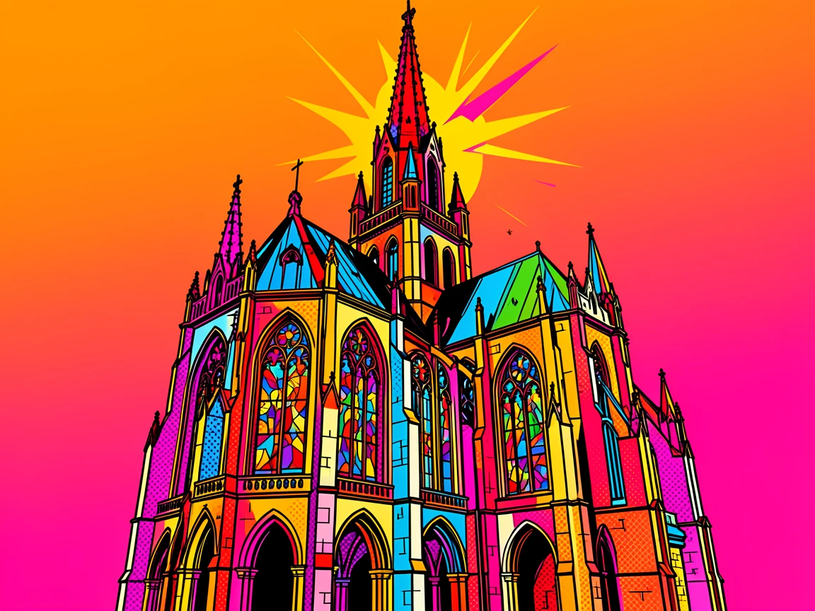 A grand medieval cathedral with intricate stained glass windows