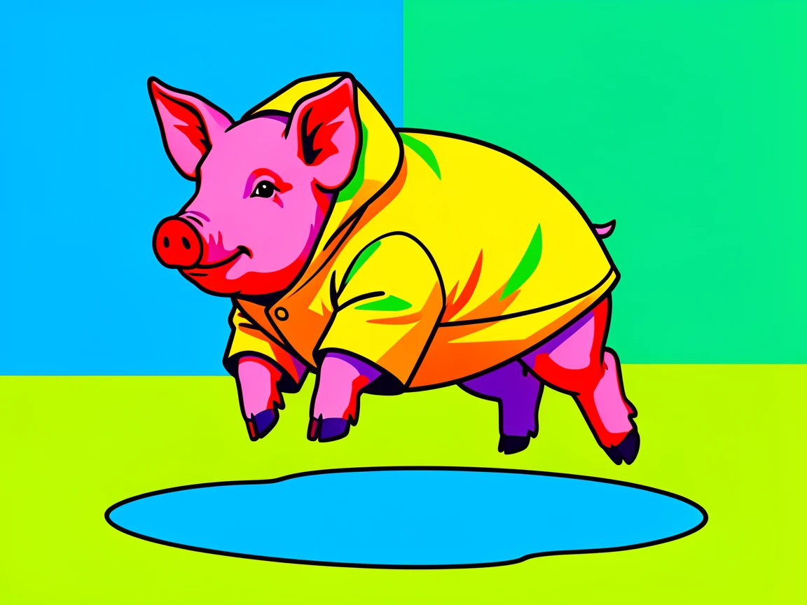 Pig in a raincoat jumping over a puddle