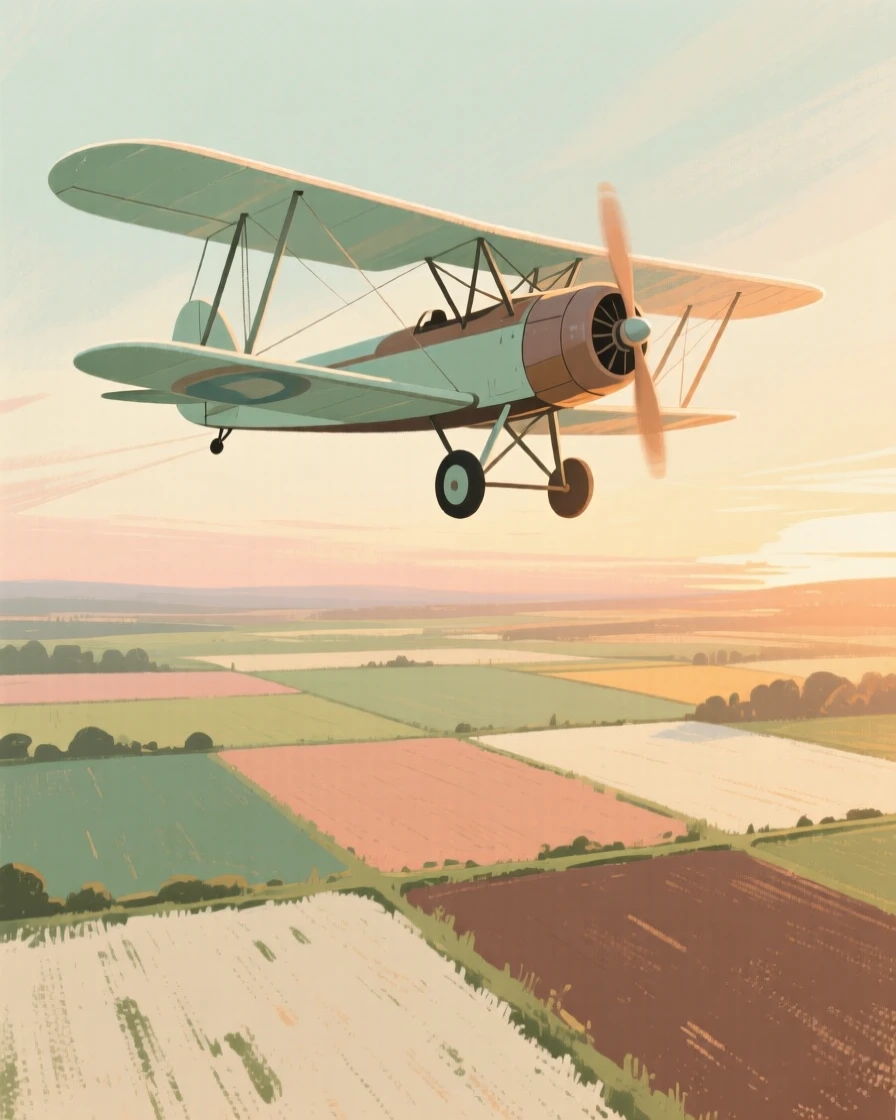 A biplane soaring low over patchwork farmland at sunset