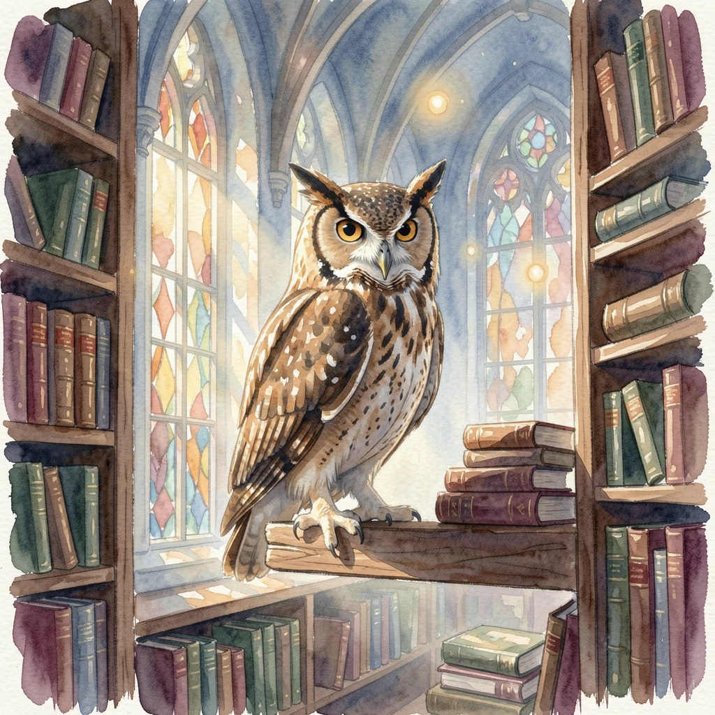 A wise old owl perched in an enchanted library.