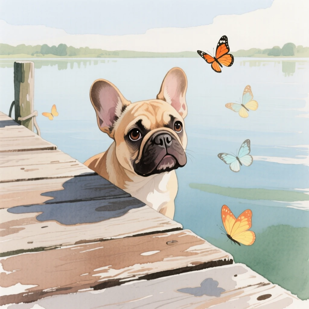 A French bulldog puppy peeks out curiously in a quiet lakeside dock, as butterflies drift nearby