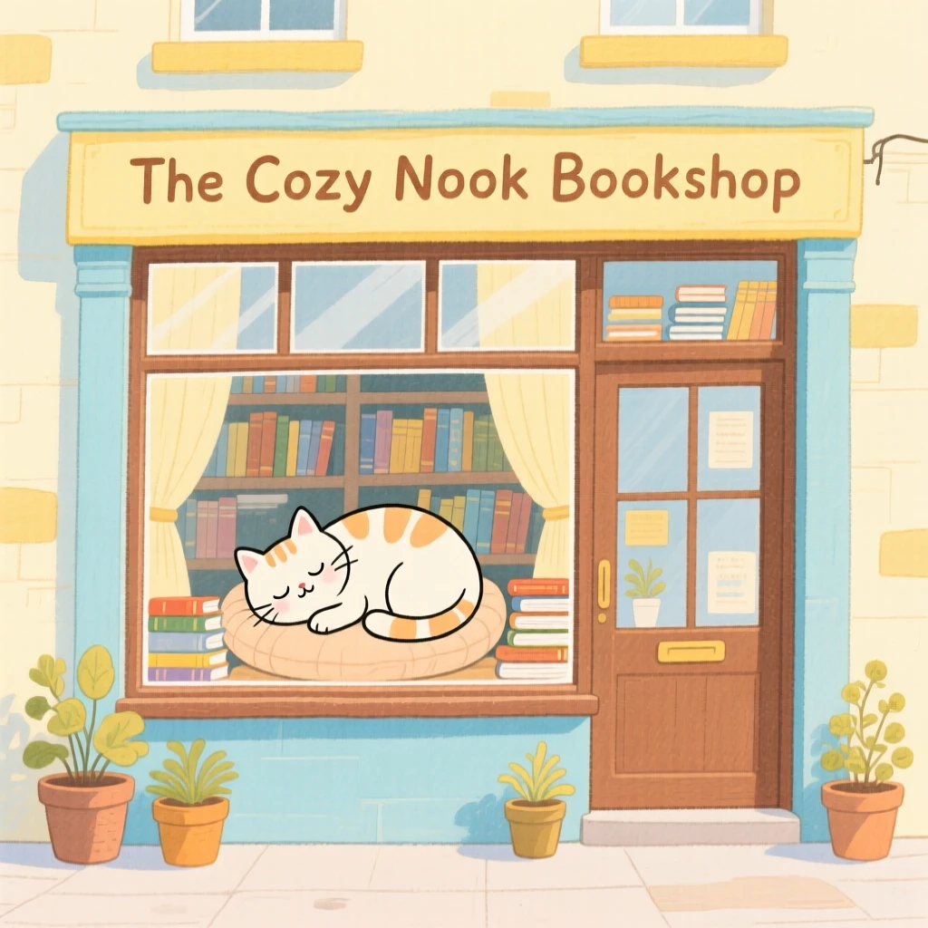 A peaceful view of a small bookshop with a sleeping cat in the window.