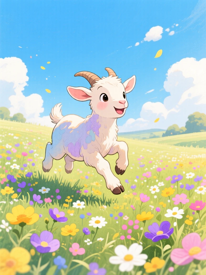 A baby goat hopping through a meadow of wildflowers, set in a meadow bursting with wildflowers under a blue sky, sparking a feeling of tender nostalgia.