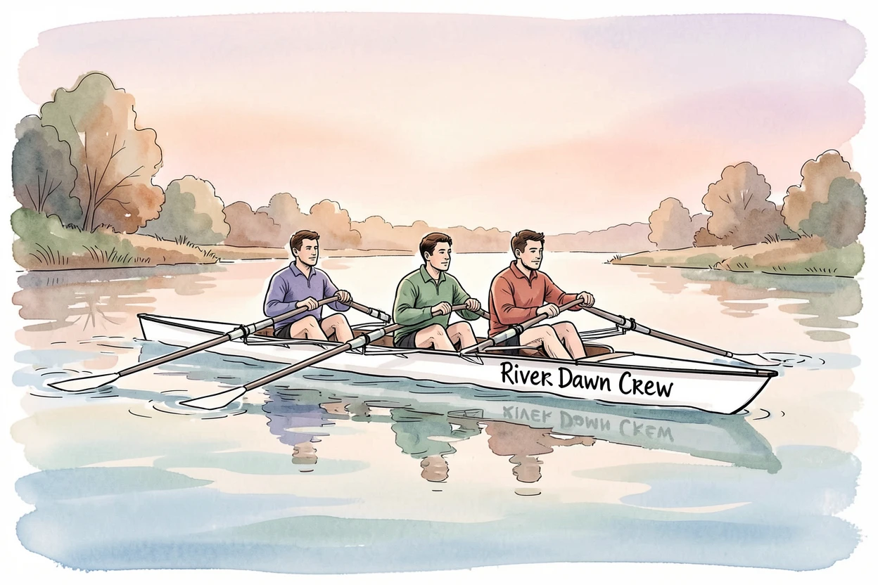 A team of rowers gliding across a calm river at dawn, a warm and unhurried mood settling over the moment.