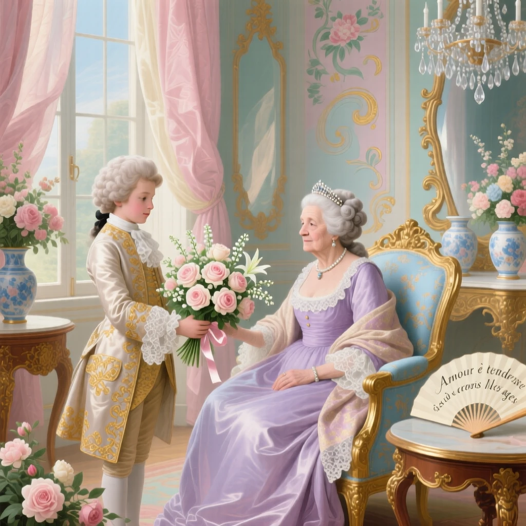 A prince offering a bouquet to his grandmother at a family celebration  