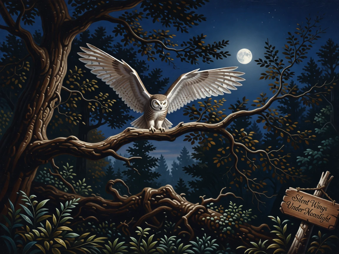 An owl takes flight from a moonlit branch in silence.