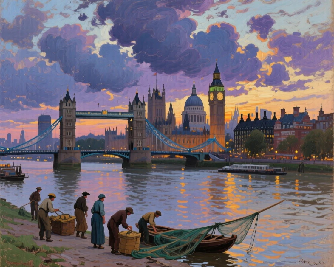 A dramatic view of London's skyline with the Thames winding beneath historic bridges, as a dramatic sky adds depth and atmosphere to the skyline, capturing the timeless beauty and character of a legendary destination