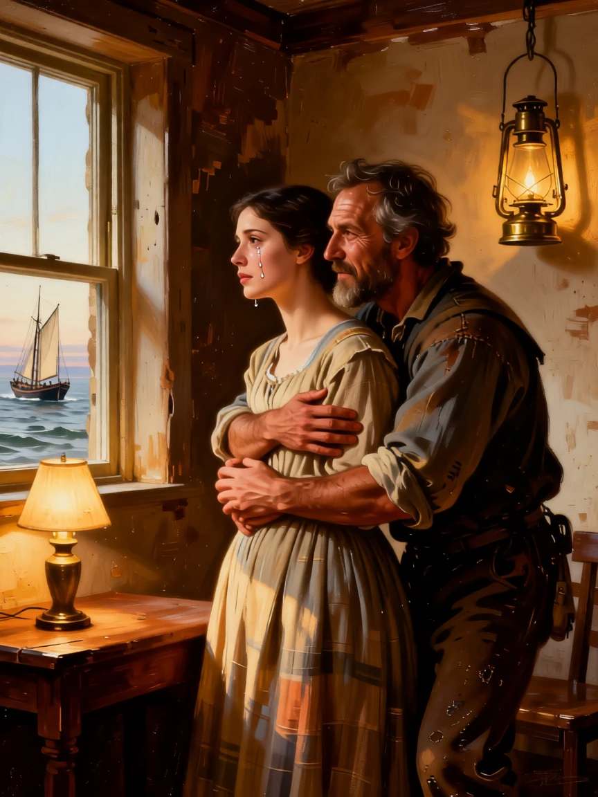 A fisherman's wife scanning the horizon for a returning boat as tears and gratitude mix in equal measure, set within a modest cottage lit by a single lamp, with a lantern's glow illuminating the reunion; the two central figures are drawn close together in an intimate embrace, filled with gratitude, humility, and human warmth.
