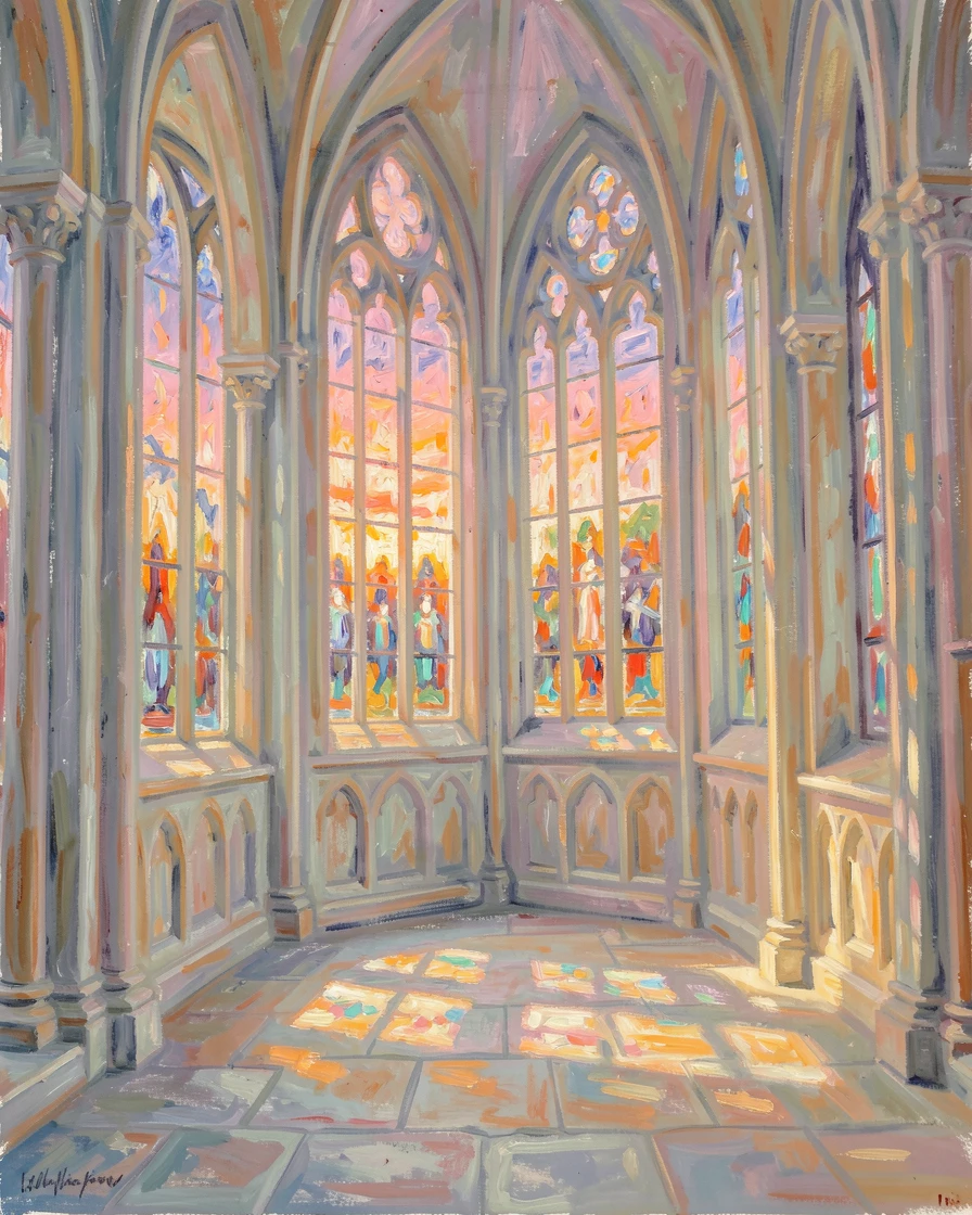 A grand cathedral interior with sunlight streaming through stained glass windows onto stone floors, under a glowing sunset sky.