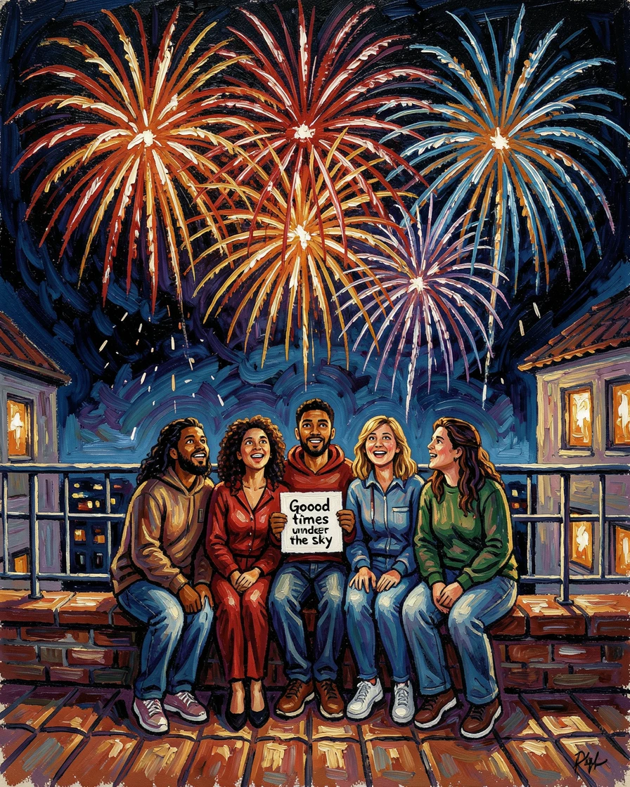 Friends gathered on a rooftop watching fireworks light up the night sky together.
