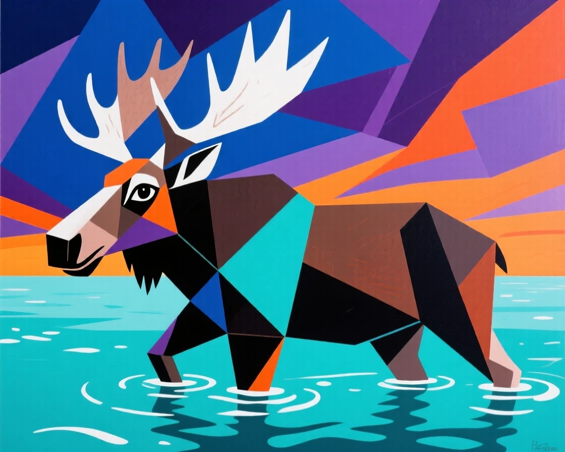 A striking view of a moose gliding through calm turquoise waters beneath a dramatic sky.