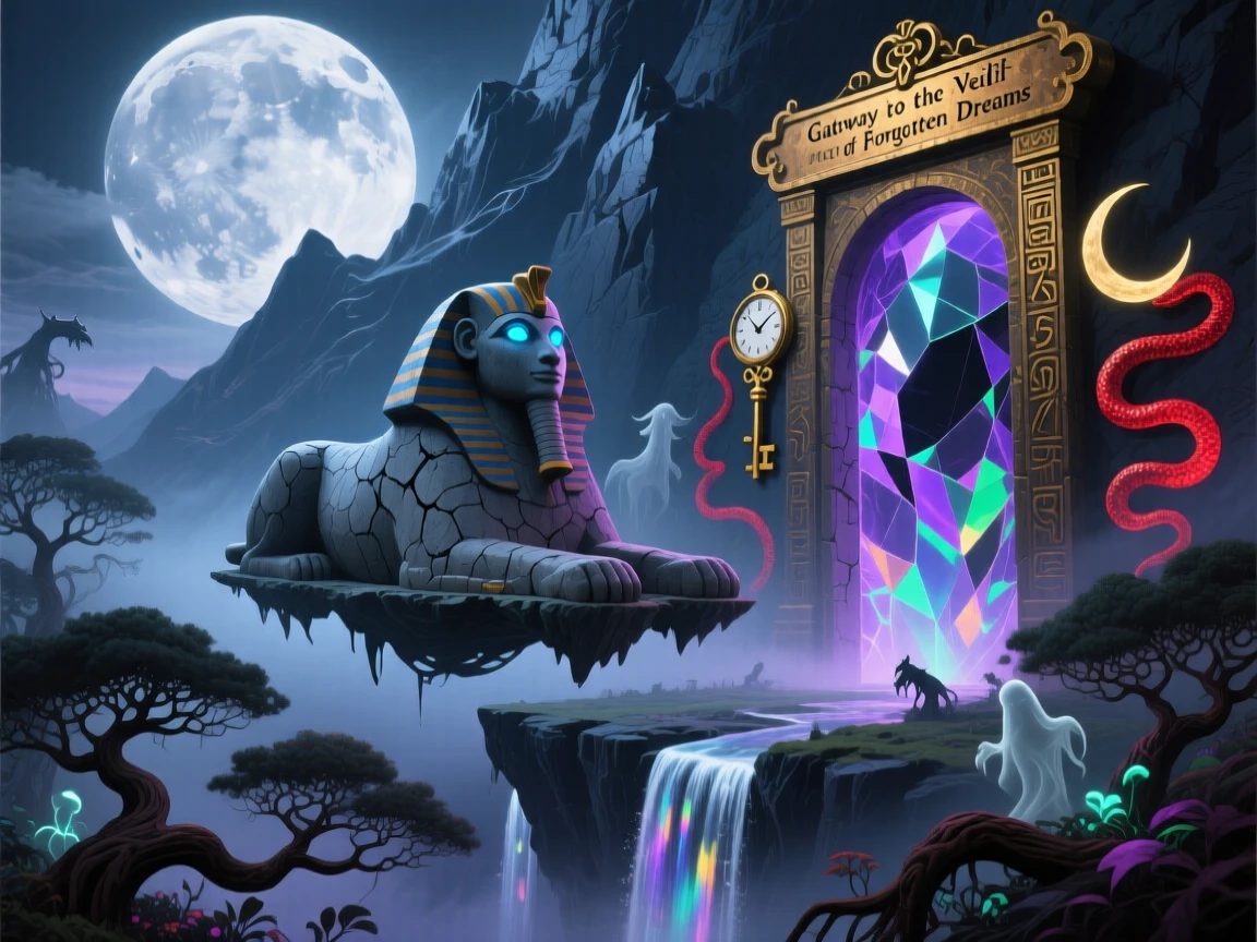 A sphinx guarding a doorway carved into the base of a mountain drifts quietly along the edge of a moonlit forest, while the surrounding air shimmers faintly with old magic.