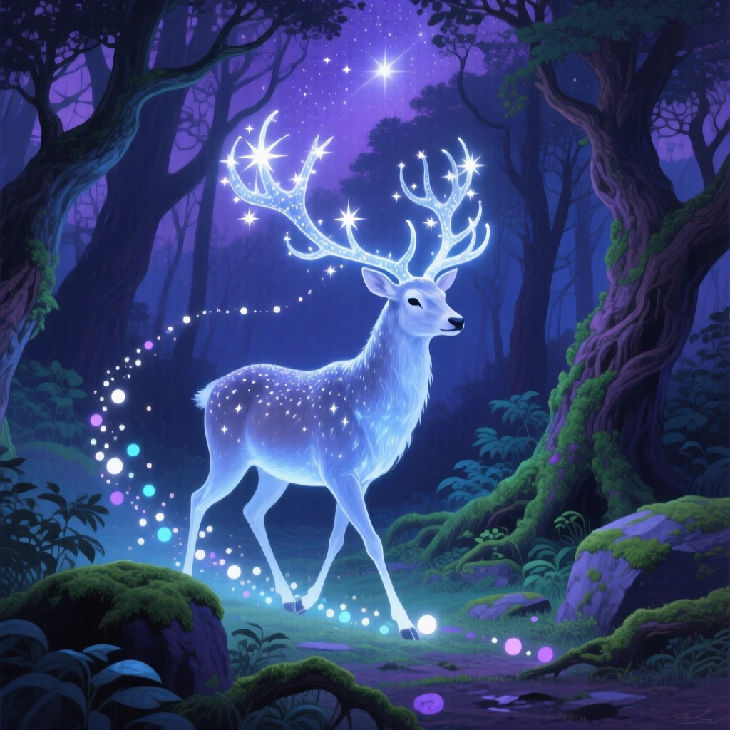 A celestial stag with antlers made of starlight walks through a twilight forest, leaving a trail of glowing motes in its wake, an otherworldly light source casting soft, unnatural color across the surrounding environment.