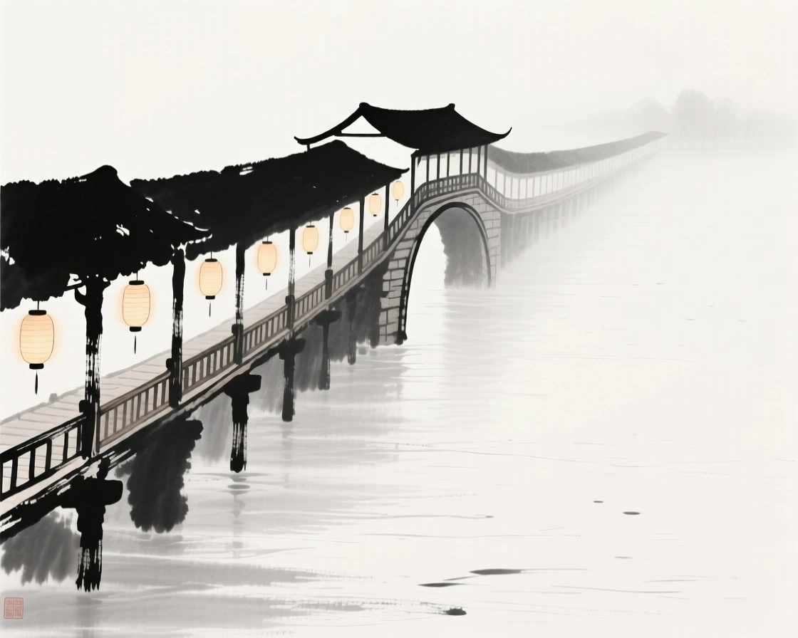 A long covered bridge stretches across a wide misty river, with lanterns hanging along its railings.