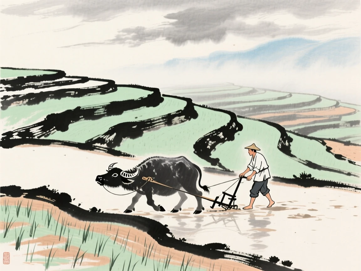 A farmer plowing a terraced field with the help of a water buffalo, filled with tranquil stillness, beneath low hanging clouds.