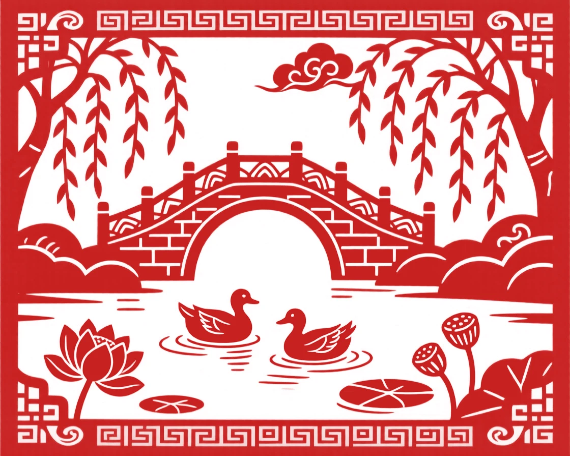 A peaceful village pond ringed by weeping willows, ducks paddling in gentle ripples beneath a stone footbridge