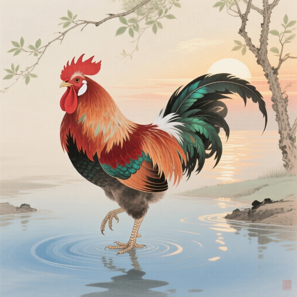 A rooster at dawn standing on one leg in shallow water at sunrise, soft morning light filtering through the branches