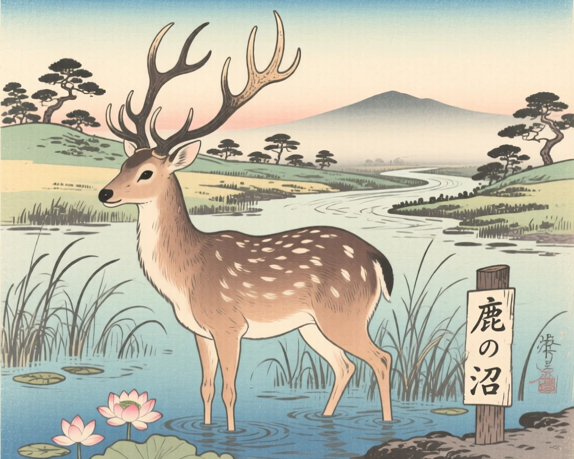 A stag with tall antlers standing gracefully in a shallow marsh.