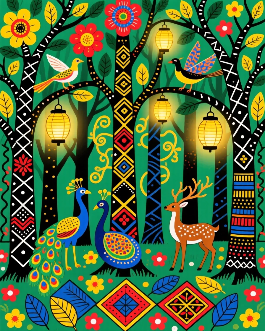 An enchanted forest glowing softly with light from hidden fairy lanterns.