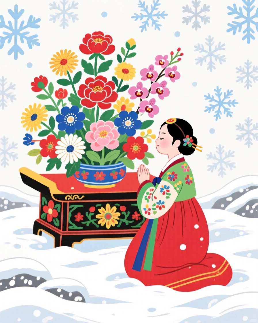 A young empress kneeling before an altar covered in fresh flowers, under a blanket of fresh snow.