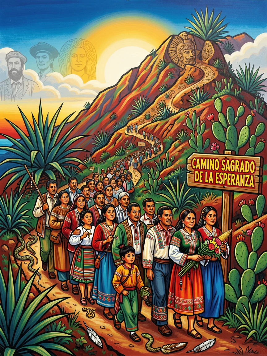 A group of pilgrims walking a sacred mountain path
