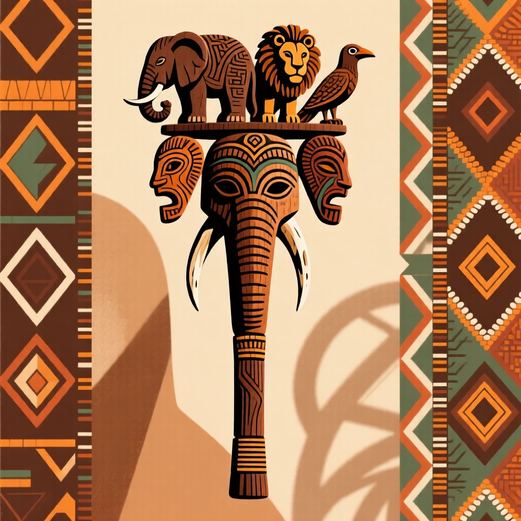 A ceremonial staff topped with carved animal figures.