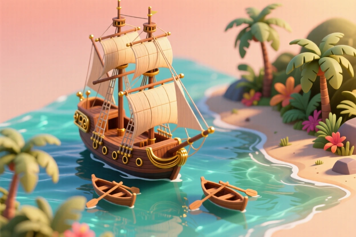 A classic wooden sailing ship anchored in a tropical cove, its masts tall against a sunset sky, longboats rowing toward shore.
