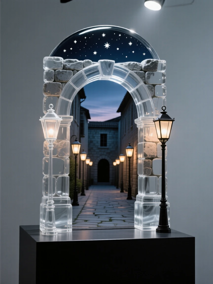 Beneath a canopy of stars just beginning to appear, an ancient stone archway leading into a hidden courtyard, while lanterns begin to glow one by one along the street