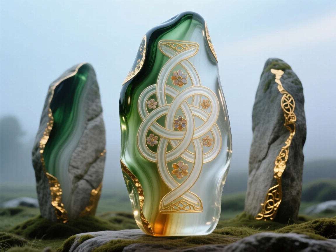 A Celtic knot carved into ancient standing stones under a misty sky, timeless and symbolic.