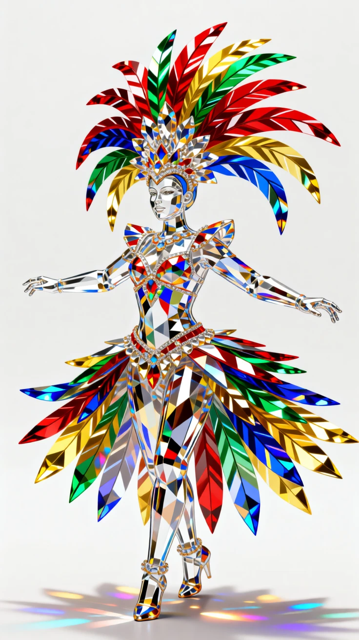 A Brazilian Carnival parade dancer in a vibrant feathered costume mid-performance.